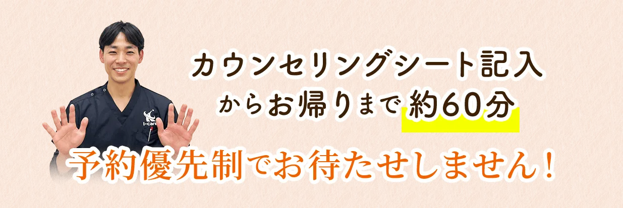 カウンセリングシート記入からお帰りまで約60分 予約優先制でお待たせしません！